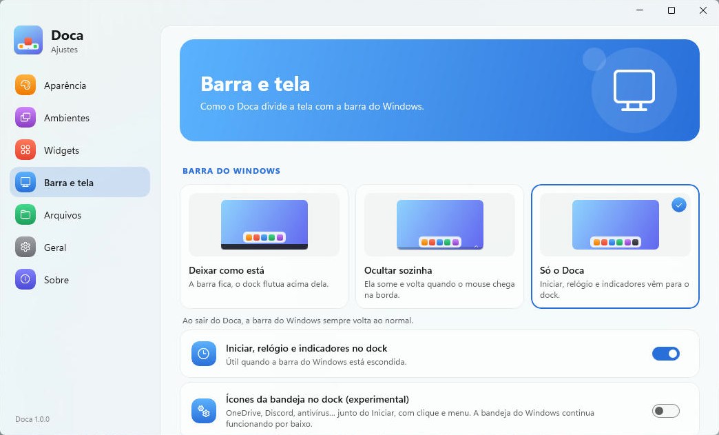 Ajustes do Doca: Barra e tela, com a opção Só o Doca